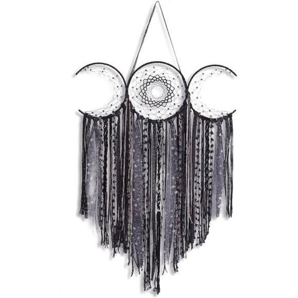 Black Triple Moon Goddess Macrame Wall Hanging, Wicca Crescent Dream Catcher - Picture 8 of 8